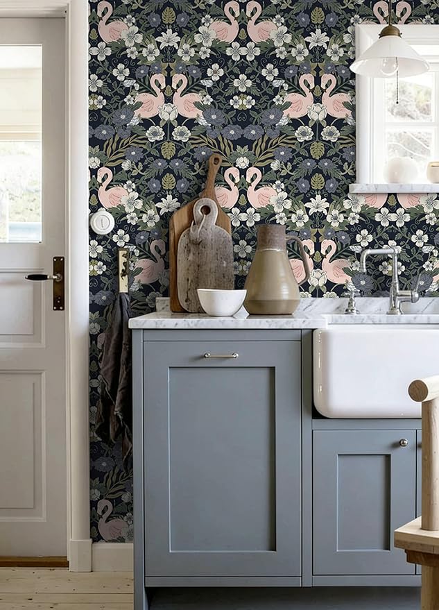 Heroad Vintage Peel and Stick Wallpaper Boho Floral Flamingo Contact Paper Dark William Morris Wall Paper Removable Renter Friendly Wallpaper for Bedroom Nursery Farmhouse Vinyl Rolls 17.3''X 78.7'' - Image 8