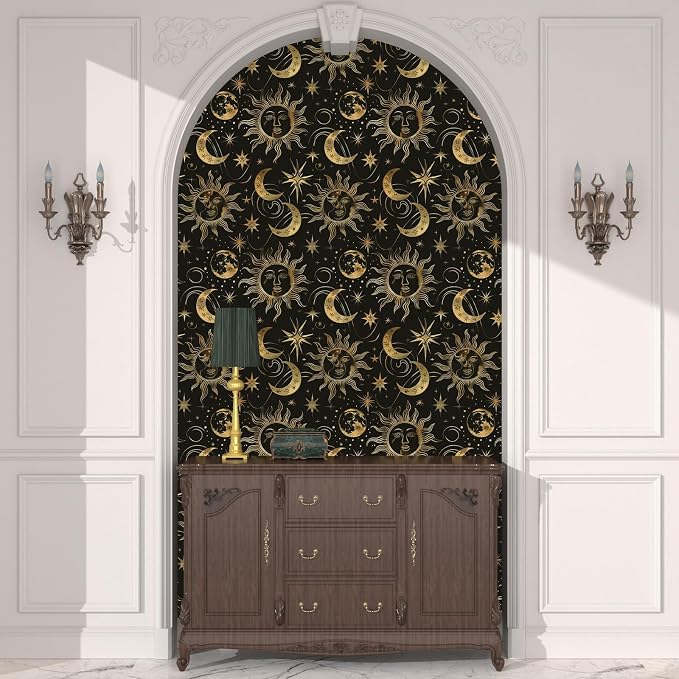 Laatse Celestial Sun Moon Wallpaper Peel and Stick 17.5"x 118",Black/Golden | Self Adhesive/Removable/Waterproof/Thick Vinyl Contact Paper for Bathroom Bedroom Shelf Cabinet Drawer,Prepasted,Easy Peel - Image 6