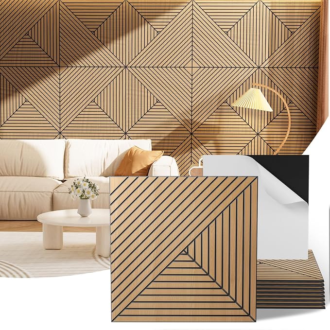 Acoustic Wall Panels, 8 Piece 23.62"X 23.62" PVC Peel and Stick Wall Panels | High-Density Polyester Fiber Self Adhesive Soundproofing for Interior Wall Décor, Recording Studios, Teak by Vellorise