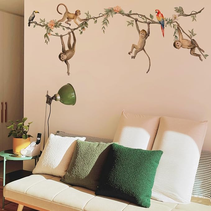Jungle Monkey Wall Decals, Removable Jungle Animal Monkey Parrot Vine Wall Art Decor for Kids, Boys and Girls Room, Bedroom & Toddler Room Decor (Monkey Vine Wall Decals) - Image 6