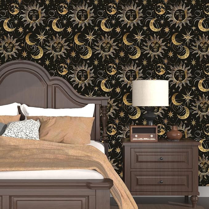 Laatse Celestial Sun Moon Wallpaper Peel and Stick 17.5"x 393",Black/Golden | Self Adhesive/Removable/Waterproof/Thick Vinyl Contact Paper for Bathroom Bedroom Shelf Cabinet Drawer,Prepasted,Easy Peel - Image 2