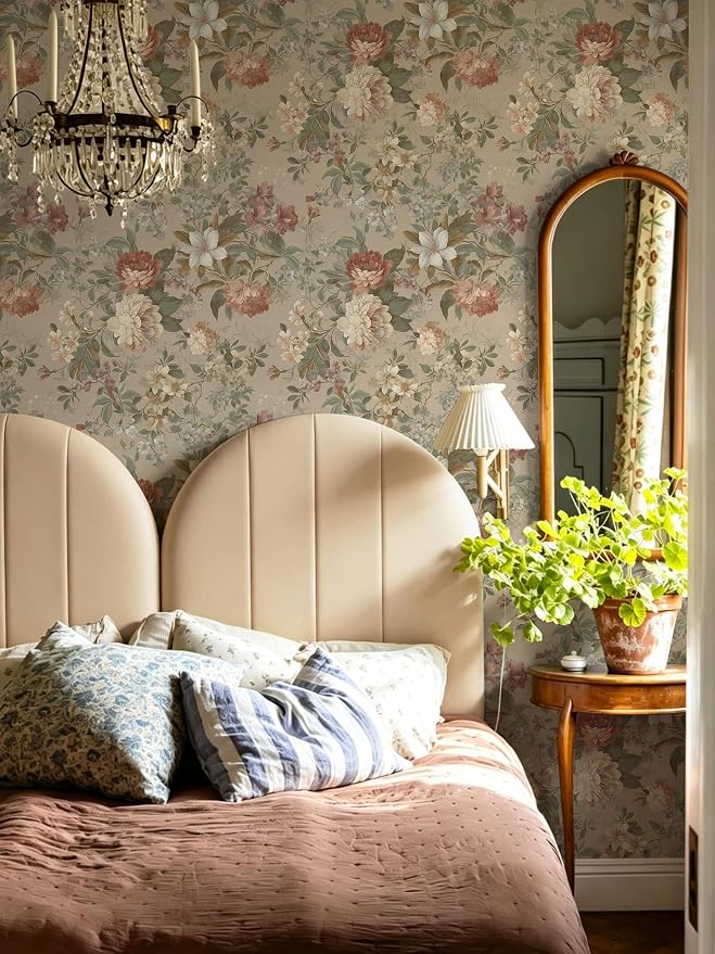 Peel and Stick Wallpaper for Bedroom Vintage Red Floral Self-Adhesive | 196"×17.3" Peony French Country Wallpaper Vintage Accent Wall Decor with Grid Lines for Nursery Bathroom Vinyl Waterproof - Image 9