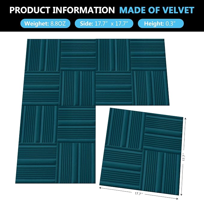 Velvet 3d wall panels for Interior wall Decor peel and stick, Soundproof Geometric Textured 3d Wall Panels for Living Room, Bedroom, TV Background 17.7" x 17.7", Covers 26.15 Sq.Ft 12pcs Teal - Image 3