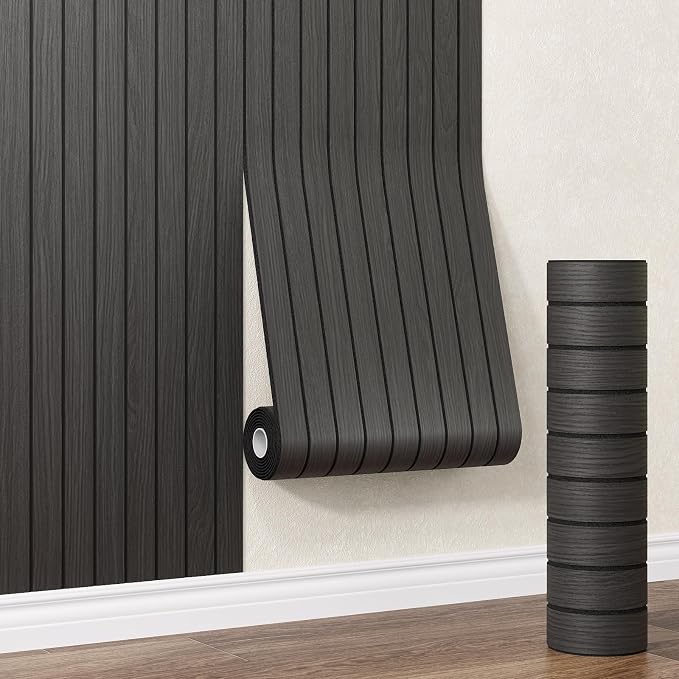 Peel and Stick PVC Slat Wall Panel 118"x15.75"(12.9 ft²) Faux Wood Slat Panels, Self-Adhesive Wood Grain Wallpaper, 3D Soundproof Wall Panels for Bedroom Bathroom Walls & Ceilings, Black by HomeUpgradeMadeSimple