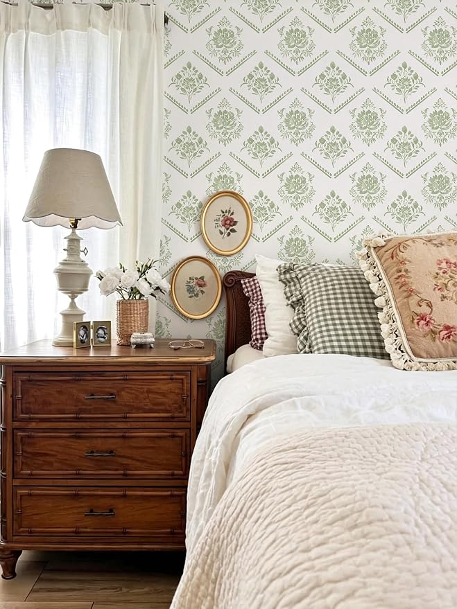 Ismoon Boho Floral Peel and Stick Wallpaper Sage Green for Vintage Bedroom | Renter Friendly Self Adhesive Removable Textured Contact Paper Botanical Wall Paper Vinyl for Bathroom Decor 17.3 X 78.7in - Image 2