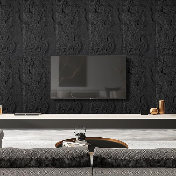 4Pcs Faux Stone Wall Panel 43.3''x23.6'',Lava Stone Design, Black | PU Stone Wall Panel for Interior Wall Decor, Bedroom, Living Room, Office - Image 6