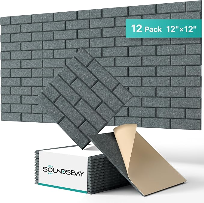 Soundsbay 12-Pack Brick Acoustic Panels, Self-Adhesive, 12"X12" | Covers 11.6 sq ft, 150kg/m³ High-Density Polyester, Soundproof Wall Panels for Recording Studio, Home Theater, Office White by Soundsbay