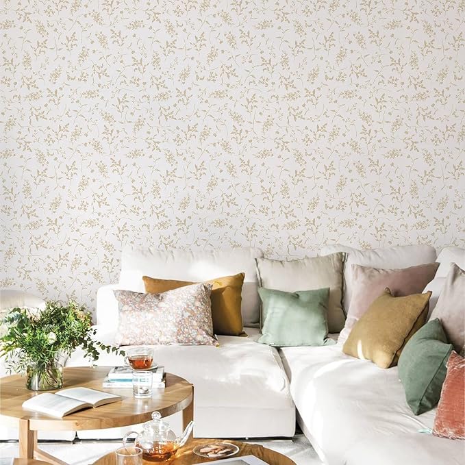 Ismoon Floral Wallpaper Peel and Stick Beige Neutral Contact Paper Wildflowers Leaf Stick on Wall Paper Textured Removable Self Adhesive Vinyl Wallpaper for Bedroom Bahtroom Wall Decor 17.3x78.7in - Image 7