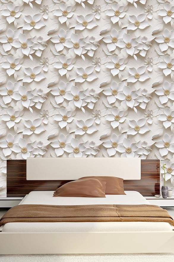 Peel and Stick Wallpaper Cream White Floral Feature | Cream floral wallpaper with raised 3D flower texture for elegant accent walls, bedrooms and modern home decoration. - Image 5