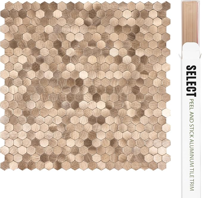Select 5 Pack Hexagon Peel and Stick Backsplash Tiles, Brushed Gold | Self Adhesive Metal Backsplash Stick On Aluminum Tiles for Kitchen Bathroom, 12” x 12” Wall Tiles w/10 Edge Pieces - Image 3