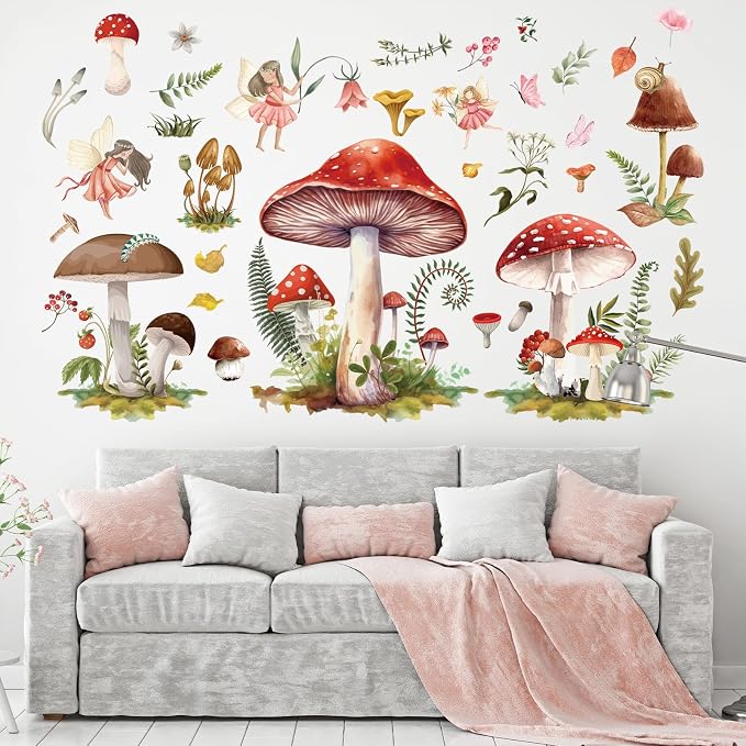 Wxiben Fairy Wall Stickers Decor, Mushroom Wall Decals Room Decor | Removable, Floral Wall Murals, Peel and Stick, for Bedroom Nursery Playroom Living Room Wall Decor - Image 4