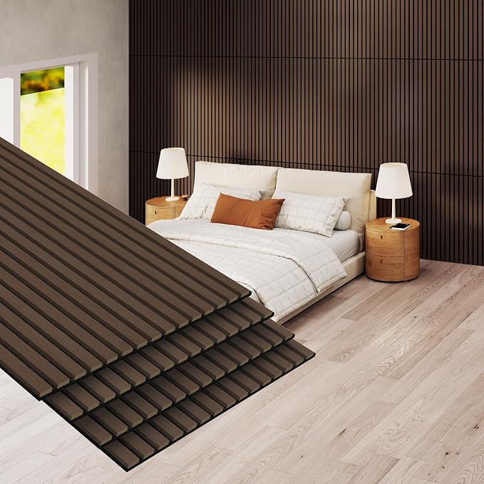 MISSDAY Wood Slat Acoustic Wall Panels, 4 Packs 47.2" x 23.6" Dark Walnut Soundproof Panel For Interior Wall Decor Noise Absorbing-3D Textured Wooden Panel Sound-Absorbing for Home, Office, Studio by MISSDAY
