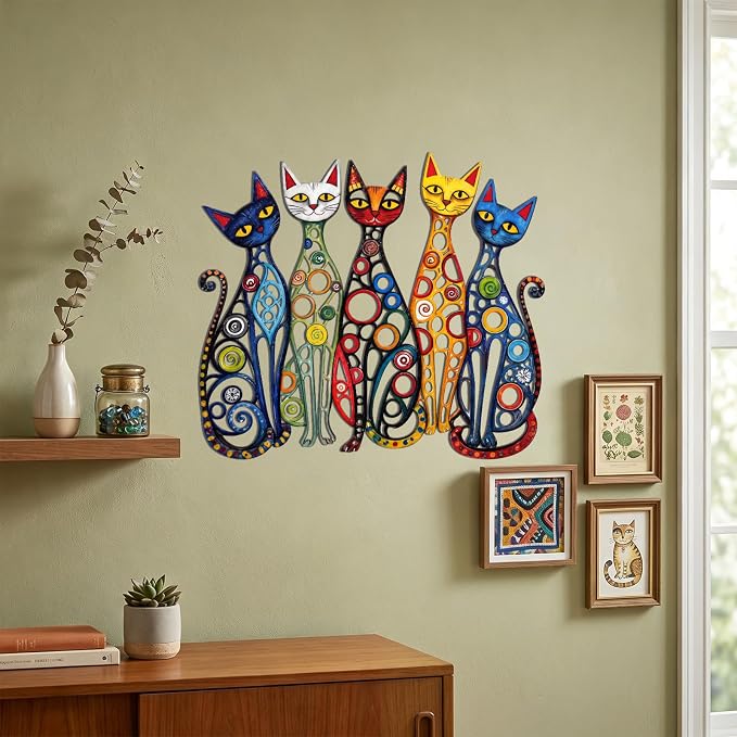 Wesiti Cat Wall Art Decor Metal Sculpture, 10.6x15.7 Inches Colorful Retro | Mid Century Style for Cat Lovers, Iron Metal Decor for Living Room Bedroom Kitchen Office, Playful Vintage Design - Image 3