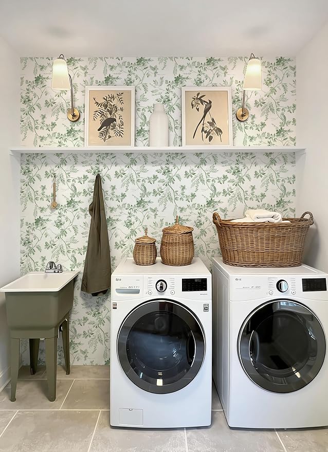 Dimoon 17.3''x197'' Botanical Peel and Stick Wallpaper Green Floral Modern Contact Paper White Bird Wallpaper Removable Renter Friendly Waterproof Embossed Kitchen Bedroom Bathroom Vinyl Roll - Image 9