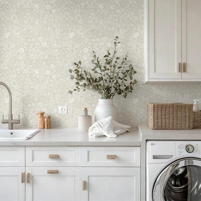 Guvana Beige and Cream White Peel and Stick Wallpaper Floral Wallpaper Slef Adhesive Removable Waterproof Contact Paper Boho Wall Paper for Dining Room Bedroom Living Room Bathroom Kitchen 17.3“×197” - Image 6