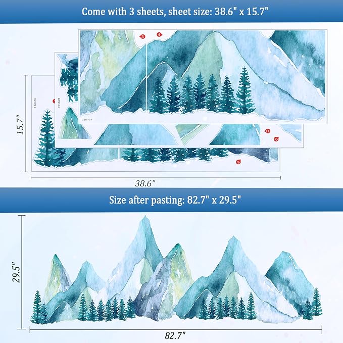 Large Mountain Wall Decals, Blue Pine Tree Peel and Stick Vinyl Wall Stickers & Murals, Removable Home Room Wall Decor for Bedroom Living Room Bedroom Classroom Office Nursery - Image 8