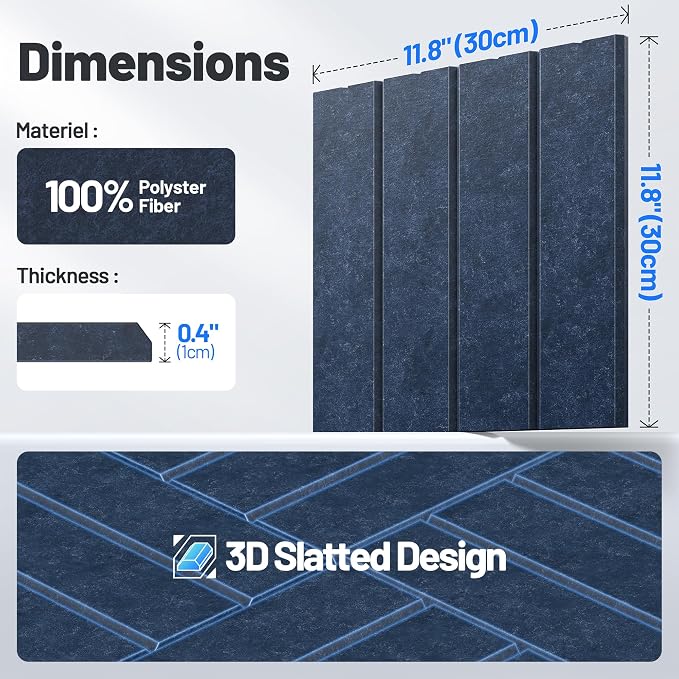20 Pack Sound Proof Foam Panels for Walls, Acoustic Panels Self-Adhesive | 12" X 12" X 0.4" Slatted Soundproof Wall Panel, High Density Sound Absorbing Panel for Gaming Recording Studio Decor-Blue - Image 7