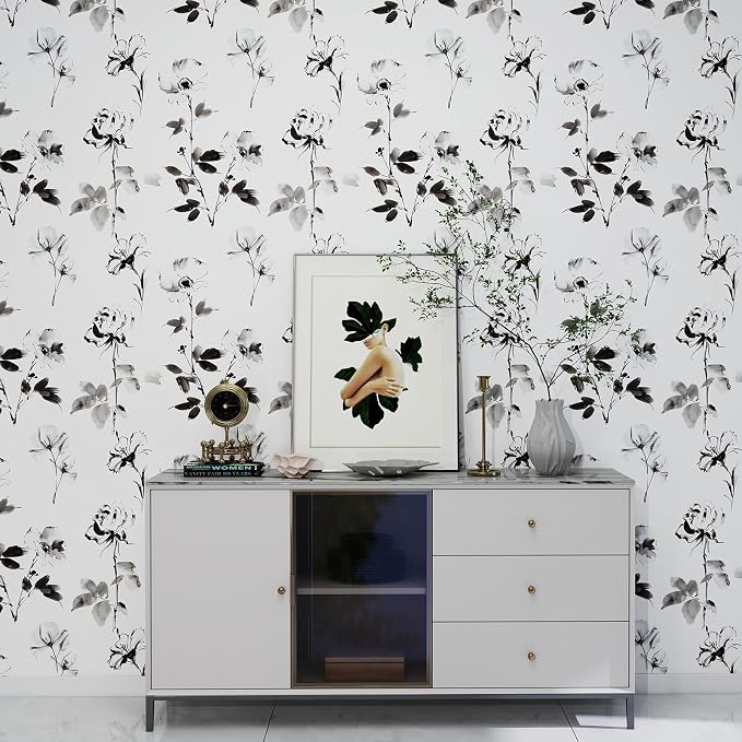 Hopepak Floral Wallpaper Peel and Stick Black and White Flower Peel and Stick Wall Paper Modern Contact Paper Removable Self Adhesive Wallpaper for Bathroom Bedroom Cabinet Decor Vinyl 17.3" x 78.7" - Image 6