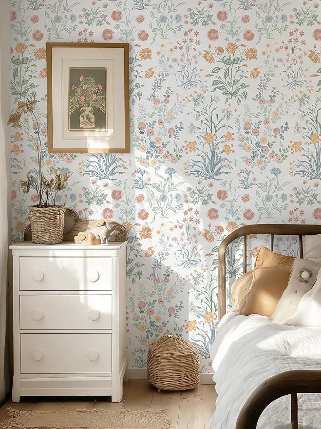 Floral Peel and Stick Wallpaper Vintage Wallpaper Colorful Wall Paper Wildflower Contact Paper for Cabinets Vinyl Renter Friendly Waterproof Self-Adhesive Bathroom Kitchen Bedroom 393"×17.3" - Image 2