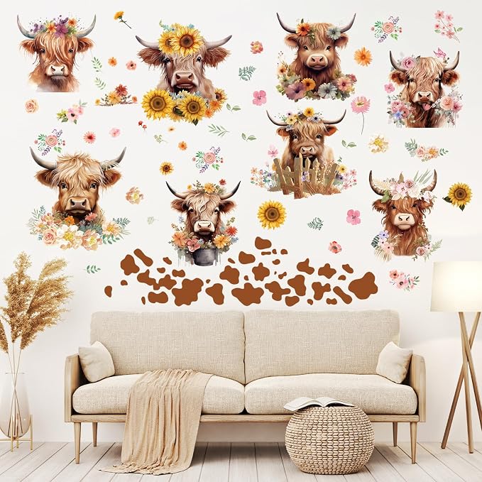 Wxiben Highland Cow Wall Decals, Cow Print Room Wall Murals Decor | Wall Stickers Decor, Removable, Peel and Stick, for Bedroom Nursery Playroom Bathroom Living Room Wall Decor - Image 4