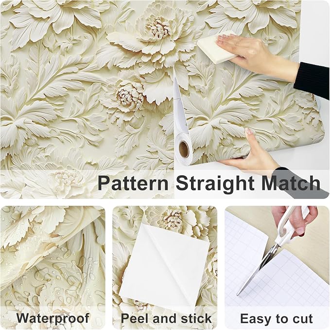 3D Embossed Wallpaper Peel and Stick Cream Floral Contact Paper | Nature Peony Flower Wallpaper Flat Printed Faux Sculpted Floral Sticker for Living Room Bedroom Bathroom Mural 17.5"x102" - Image 6