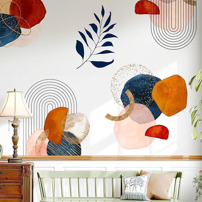 Boho Mid-Century Modern Abstract Geometric Arch Leaf Wall Decals Decor | Modern boho geometric arch lines peel and stick wall stickers mural, removable vinyl art for living room bedroom wall decor - Image 5