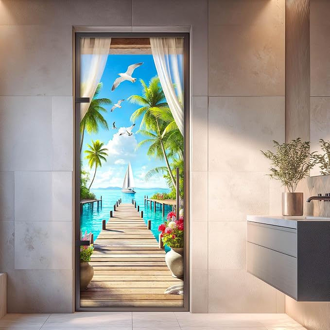 HOMETITUTE Tropical Seaside Sailboat Palm Peel Stick Door 30.3x78.7 PVC | Wall Cover Poster Decals Removable Wallpaper Self Adhesive Livingroom Bedroom Office - Tropical Path - Image 4