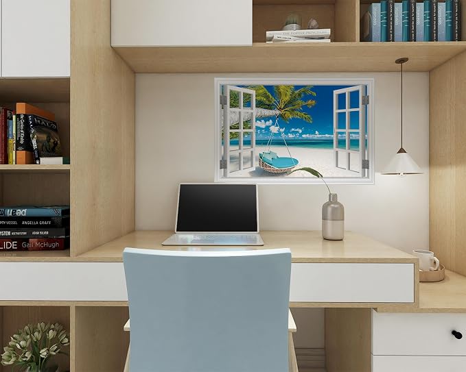 FLFK Fake Window Wall Decal, Tropical Beach Paradise with Turquoise Ocean, White Frame, Peel and Stick, 24 x 16 Inches,for Living Rooms, bedrooms, and Offices - Image 4