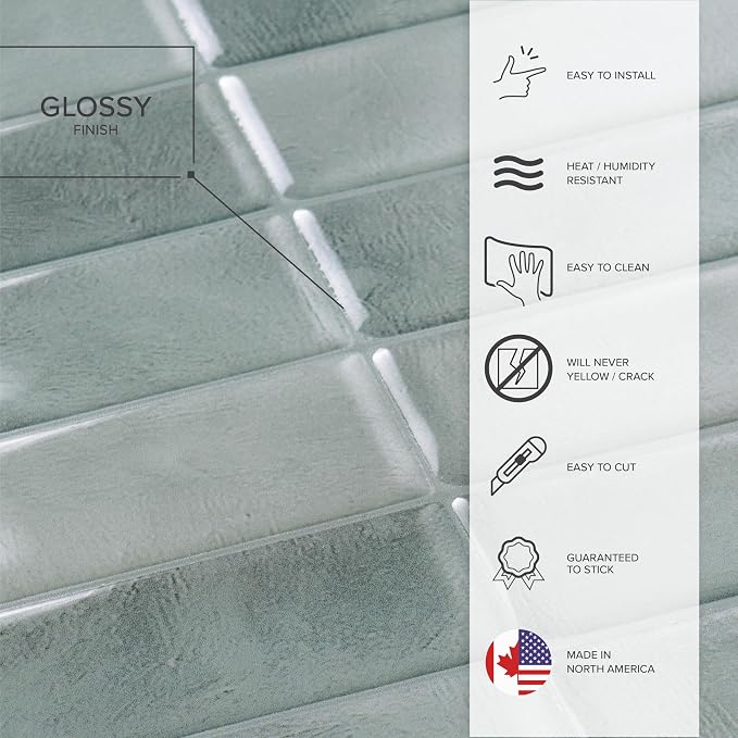 Smart Tiles Peel and Stick backsplash, Stacked Frost Gray, 11.43"x9" | Pack of 5 (3.5 sq ft), Glossy, Heat/Moisture Resistant, Low VOC, Kitchen/Bathroom, Renter Friendly, Made in Canada - Image 6