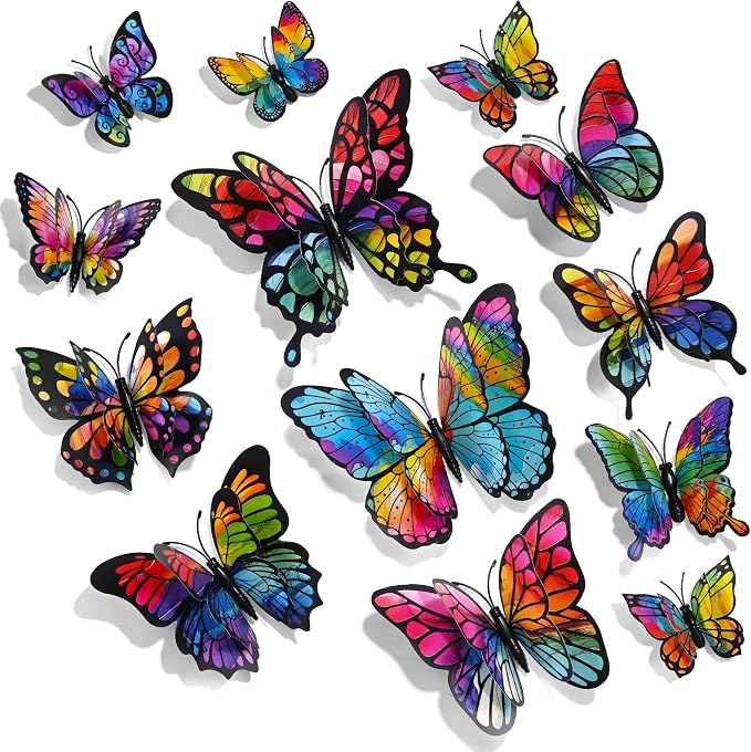 SAOROPEB 3D Butterfly Wall Decor, 24 Pcs Rainbow Butterfly Decorations | Double Layer for Party Decorations Locker Decor Refrigerator Decal, Reusable by SAOROPEB