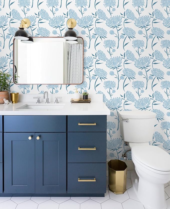 Hopepak Floral Peel and Stick Wallpaper Contact Paper Blue Wall Paper Modern Self Adhesive Removable Vinyl Wallpaper for Bedroom 17.3"x118" - Image 4