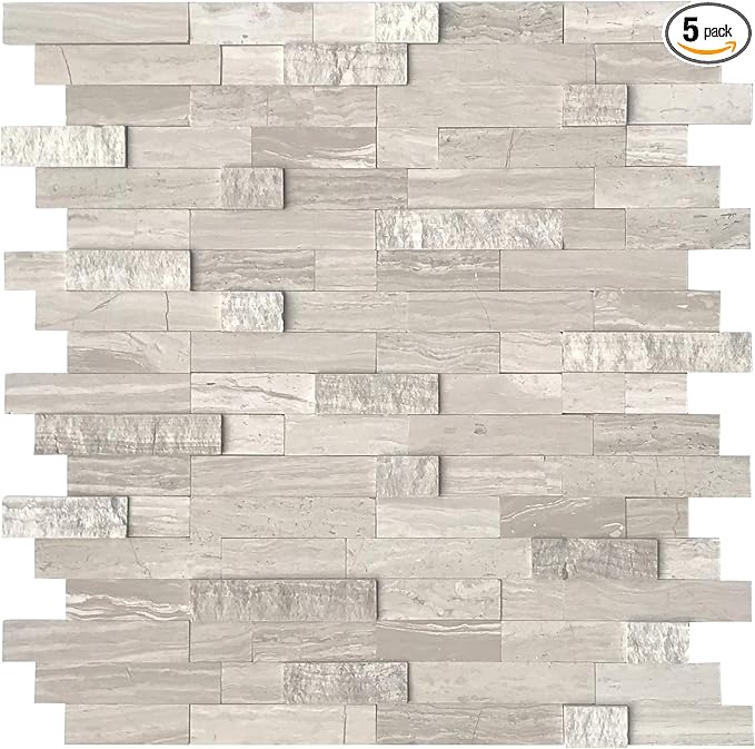 SUNWINGS 5-Sheet Peel and Stick Mosaic Natural 3D Stone Self Adhesive Marble Tiles, 11.5" x 10.7" Stick on Backsplash for Kitchen Bathroom Fireplace Vanity, Mixed Tan by Sunwings