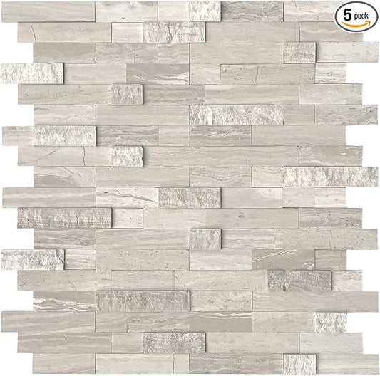 SUNWINGS 5-Sheet Peel and Stick Mosaic Natural 3D Stone Self Adhesive Marble Tiles, 11.5" x 10.7" Stick on Backsplash for Kitchen Bathroom Fireplace Vanity, Mixed Tan by Sunwings