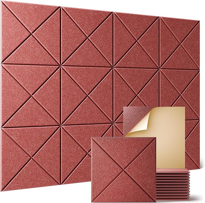 Sonicism 12 Pack X-Lined Acoustic Panels with Self-Adhesive, 12"X 12"X 0.4" Sound Proof Foam Panels, Decorative Soundproof Wall Panels, Sound Absorbing Tile for Home & Offices, Red by Sonicism