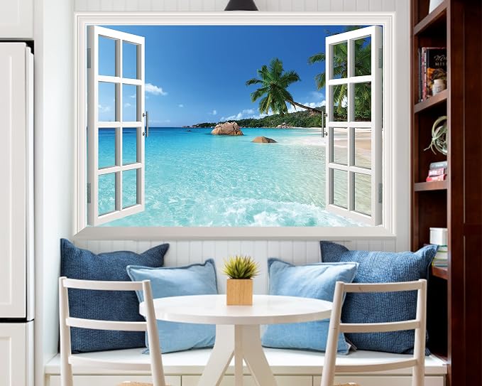FLFK Fake Window Wall Sticker - Summer Beach Faux Window Wall Mural for Wall Decor, Stick and Peel Wall Decals,80"x60",Set of 5 Sheets - Image 2