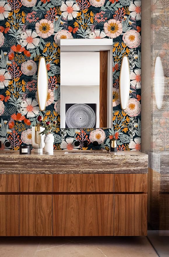 HAOKHOME Navy Pink Floral Peel and Stick Wallpaper Boho Contact Paper Decor | Textured Stick on Wall Paper Renter Friendly Removable Orange Flowers Bathroom Bedroom Cabinet Drawer Craft 17.3in x 6.6ft - Image 5