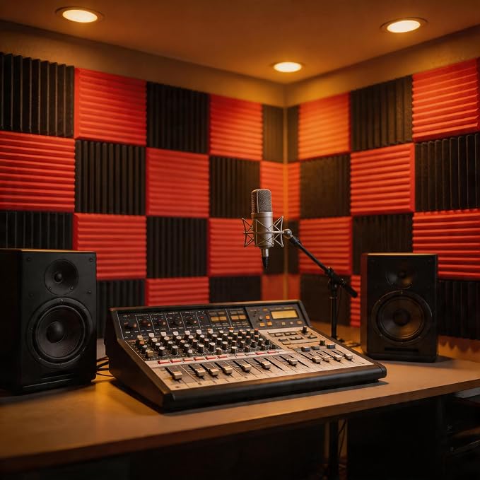 96 Pack Allxinlog Absorb the Echo Acoustic Foam Panel Wedge Studio Soundproofing Wall Tiles 12" X 12" X 1" (Accompanied By Double-Sided Adhesive Tape)(48RED+48BLACK) - Image 5