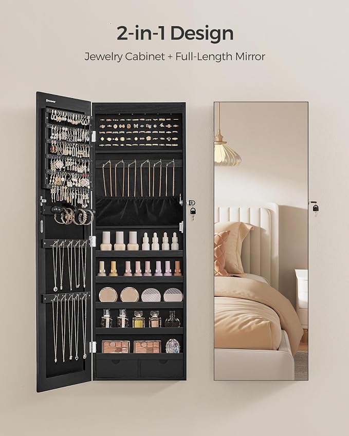SONGMICS Mirror Jewelry Cabinet Armoire, Wall or Door Mounted, Lockable - Image 3