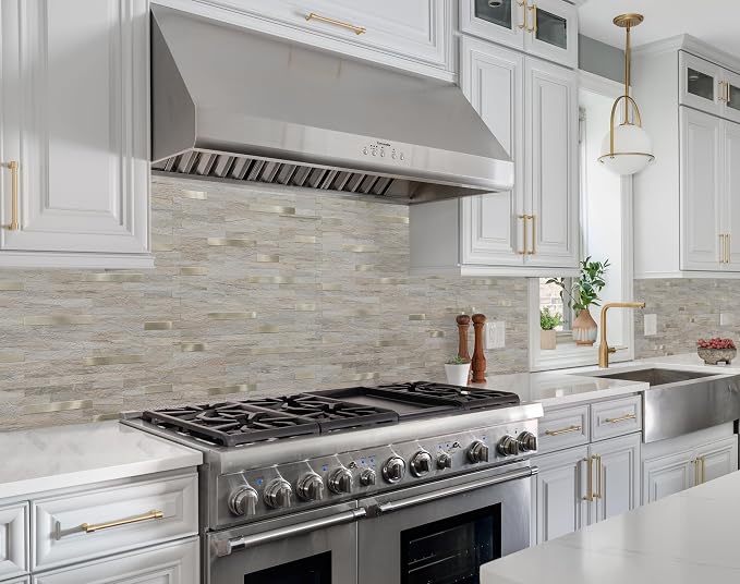 StyloVue 2 Sheets Kitchen Peel and Stick Backsplash Tiles, Beige with Metal Gold Look Stick on Backsplash for Kitchen, RV, Fireplace - Image 2