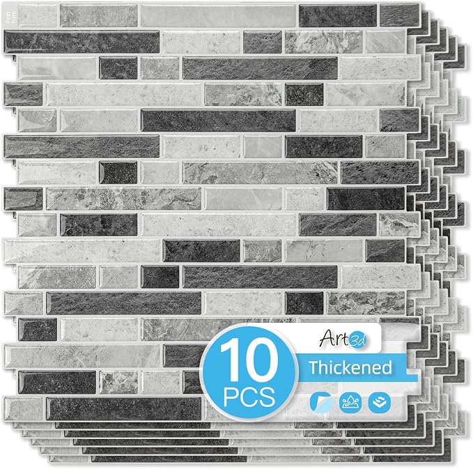 Art3d Linear Tile Peel and Stick Backsplash, 10-Sheet, Multi-Tone Gray | 12 x 12 Inch, Enhanced Thickness, Warp Resistant, Strong Adhesion, Sturdy, for Kitchen, Bedroom, Ideal for Home Improvement by Art3d