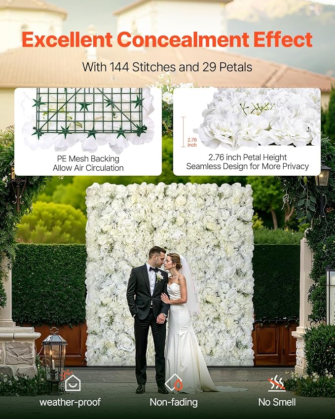 VEVOR 3D Flower Wall Panel, 24 PCS 15 x 15 inch, Artificial Floral Wall Background Mesh Backing Mat,Seamless Design&Easy Installation for Wedding Valentines Day Home Baby Party Backdrop Decor,White - Image 3