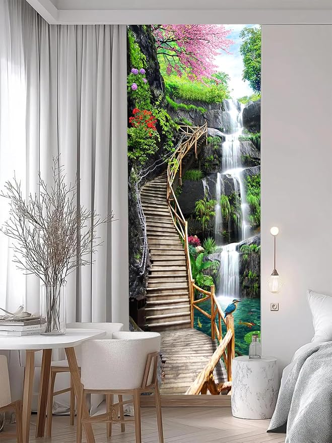 artfanke 3D Trestle Bridge Waterfall Door Sticker Peel and Stick 33.5"x84.6"- Self-Adhesive Door Murals Wallpaper - Waterproof Wall Decal for Bedroom Decor (2 Sheets/Set) - Image 4