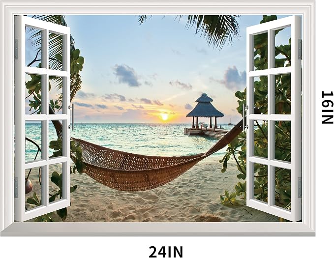 FLFK Fake Window Wall Sticker - Sunset Beach Faux Window Wall Mural for Wall Decor, Stick and Peel Wall Decals,16"x24" - Image 2