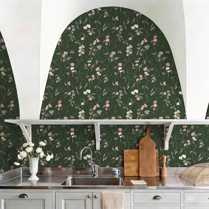 Vintage Wallpaper Peel and Stick Dark Green Floral Wallpaper Leaf Contact Paper Vinyl Waterproof Self Adhesive Boho Botanical Wall Paper for Bedroom Shlef Cabinet Decor 17.3" x 78.7" - Image 4