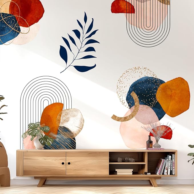 Boho Mid-Century Modern Abstract Geometric Arch Leaf Wall Decals Decor | Modern boho geometric arch lines peel and stick wall stickers mural, removable vinyl art for living room bedroom wall decor by VePret