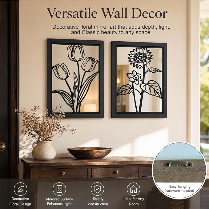 2 Set Farmhouse Mirrors for Wall Decor Living Room Bedroom Bathroom Entryway Wood Rustic Framed Decorative Accent Hanging Wall-Mounted Mirror Set -Distressed Black 15.7 in - Image 5