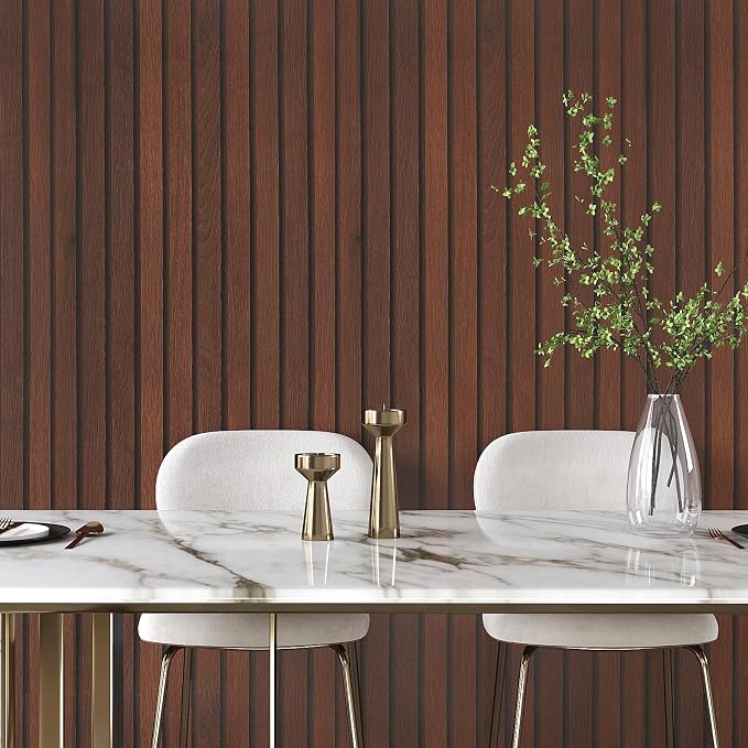 VEELIKE Dark Walnut Wood Slat Wallpaper Peel and Stick Wood Grain Panel Wallpaper for Bedroom Bathroom Accent Walls 24''x354'' Wide Self Adhesive Wooden Slat Vinyl Wall Covering for Kitchen Home Decor - Image 2
