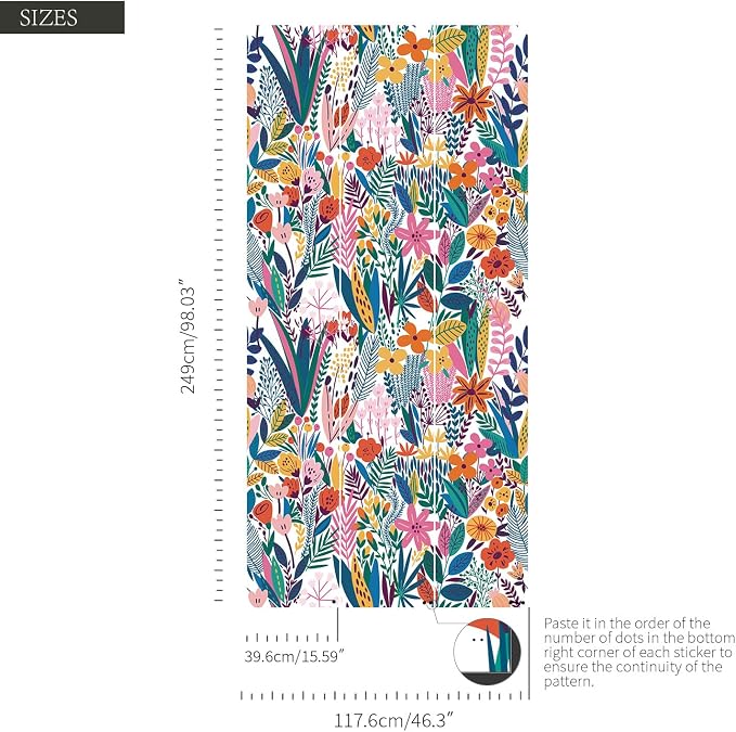 Colorful Floral Peel and Stick Wall Mural for Accent Wall | Urban Funky Wallpaper, Bright Colors, Removable Leather Textured & Water-Resistant, Bedroom Kids Room, 46"x98" - Image 3