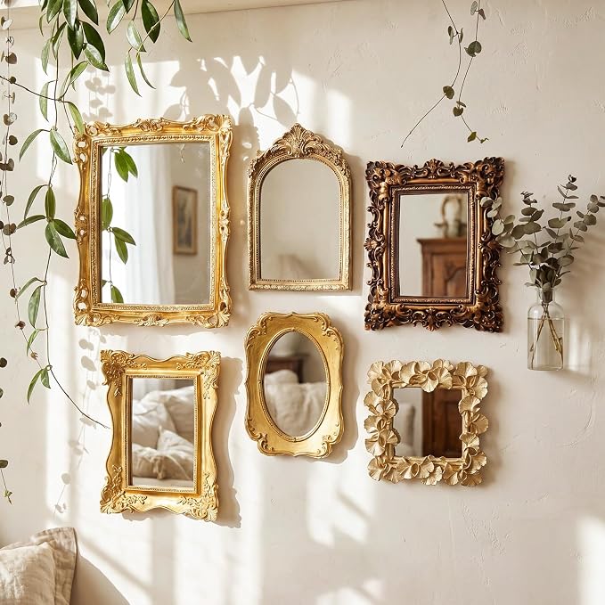 Kathfly 6 Pack Vintage Gold Mirror for Wall Gold Antique Wall Hanging Mirrors for Bedroom Decorative Resin Frame Baroque Style Assorted Sizes Tabletop Tray for Gallery Home Living Room Decor(Square) - Image 5