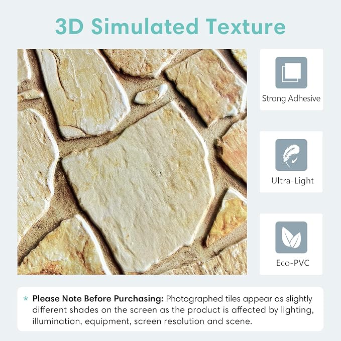 Commomy 3D Faux Stone Wall Panels Peel and Stick 10 Pcs 11.8" x 11.8" | Ultralight Thin PVC Fake Rock Wallpaper DIY Wall Covering Decorative Tiles for Kitchen Backsplash,Bedroom (Covers 9.7 sq.ft) - Image 3
